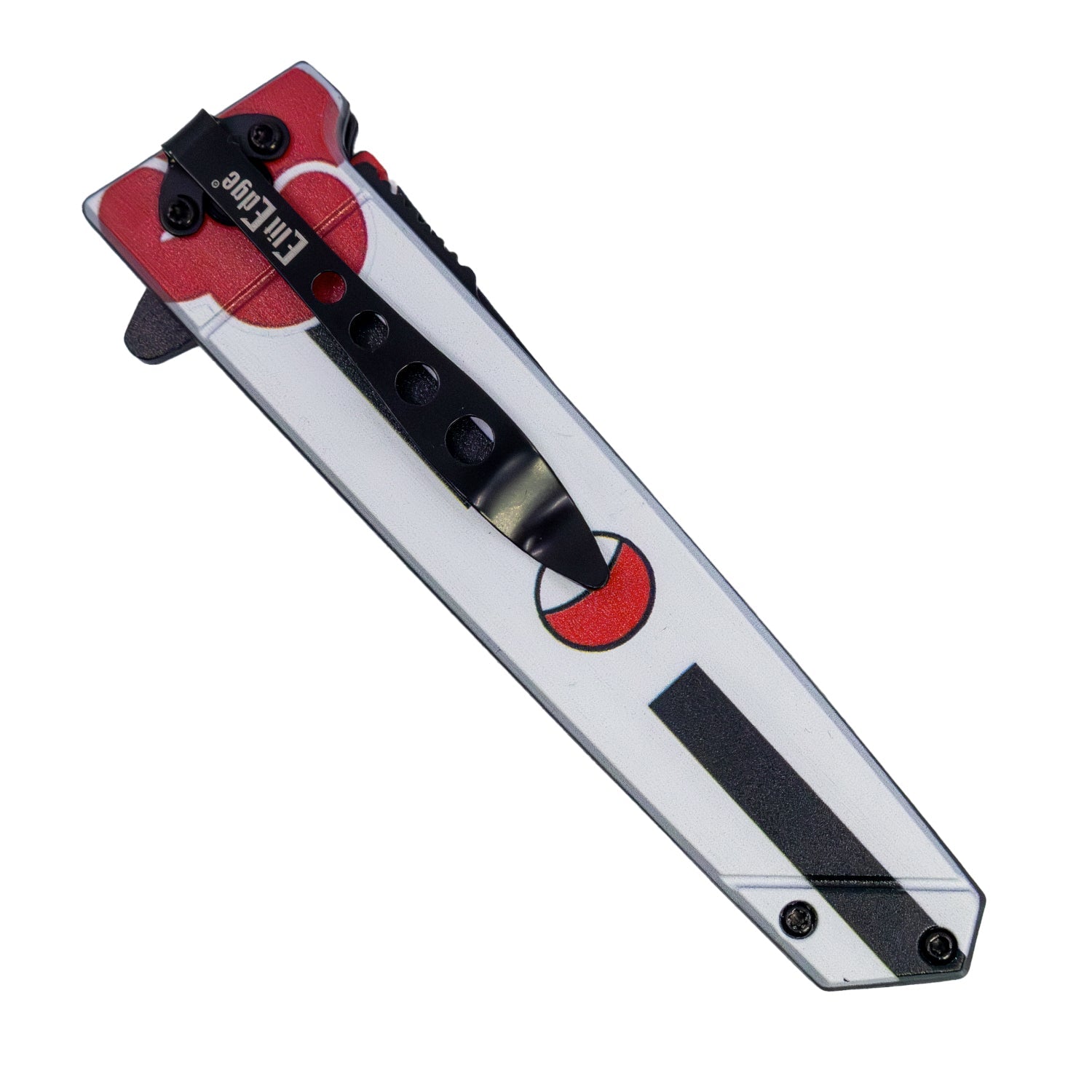 Rear view of ElitEdge 9-inch anime tanto knife showing durable pocket clip and printed anime artwork handle.