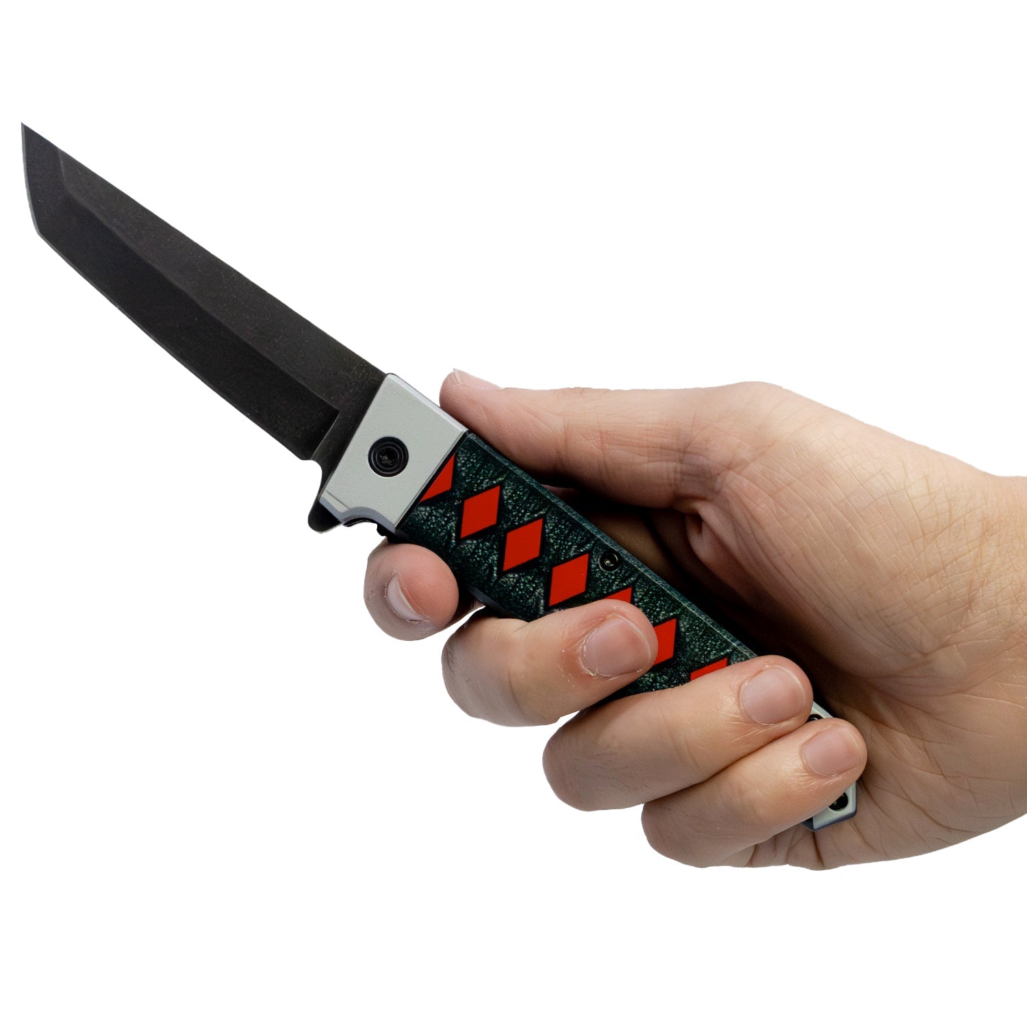 ElitEdge 9-inch spring assisted anime knife with red diamond handle and tanto blade shown in hand for grip detail.