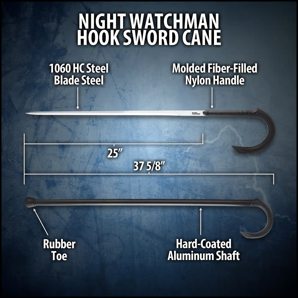 Night Watchman Hook Sword Cane - 1060 High Carbon Steel, Fiber-Filled Nylon Handle - Length 37 5/8”
